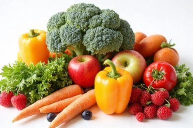 A variety of colorful fresh vegetables and fruits artfully arranged, representing a guide to healthy eating.