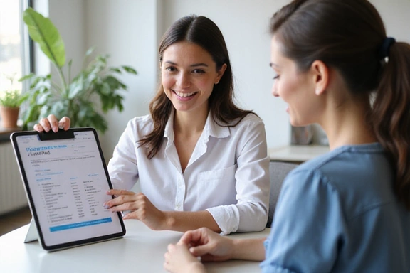 A smiling nutritionist interacting with a client in a bright, modern office, discussing a personalized meal plan.